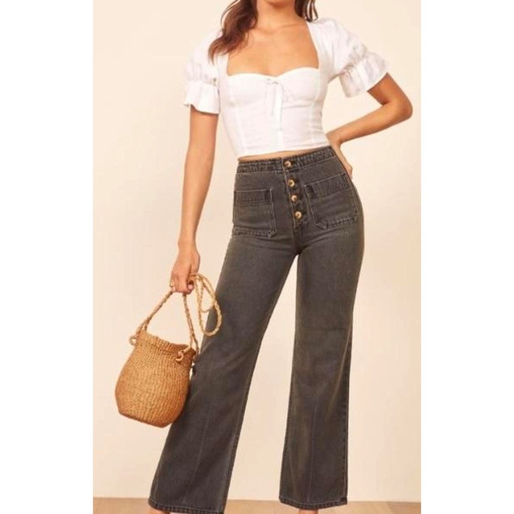 Reformation Eloise Jean Washed Black Button Fly Wide Leg Denim Size 26 Petite
